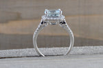 18k White Gold Cushion Halo Round Aquamarine Split Shank Engagement Ring