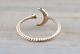 14k Gold Solid Star Moon Open Ring Band