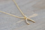 14k Yellow Gold Wish Bone Pave Diamond Dainty Pendant Charm with necklace chain