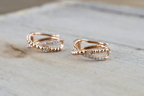 14k Rose Gold Diamond Rope Hoop Earrings