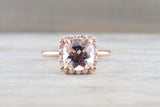 Cushion Morganite set on 14k Rose Gold Diamond Halo Engagement Ring