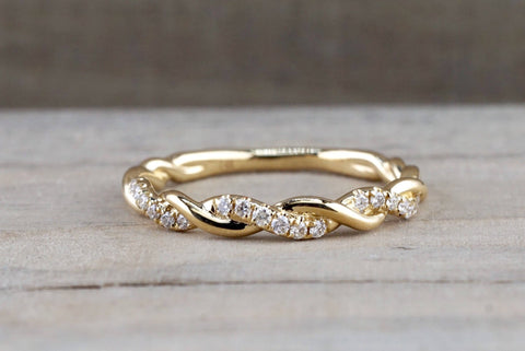 14k Yellow Gold Round Cut Diamond Rope Twined Vine Engagement Pave Stackable Stacking Promise Ring Anniversary