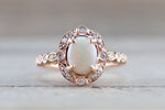 Rose Gold Oval Diamond Fire Opal Vintage Art Deco Halo Ring