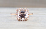Cushion Morganite set on 14k Rose Gold Diamond Halo Engagement Ring