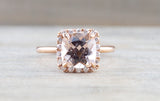 Cushion Morganite set on 14k Rose Gold Diamond Halo Engagement Ring
