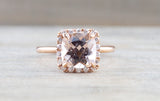 Cushion Morganite set on 14k Rose Gold Diamond Halo Engagement Ring