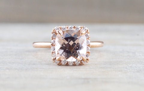 Cushion Morganite set on 14k Rose Gold Diamond Halo Engagement Ring