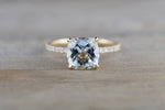 14k Yellow Gold Cushion Checkerboard Aquamarine set in a diamond mounting 8x8mm