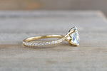 14k Yellow Gold Cushion Checkerboard Aquamarine set in a diamond mounting 8x8mm