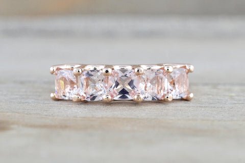 Solid 14k Rose Gold 5 Stone Cushion U Prong Anniversary Morganite Wedding Ring Band 5mm