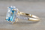 14k Yellow Gold Vintage Style Emerald Blue Topaz Diamond Halo Engagement Ring