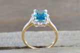 14k Yellow Gold Vintage Style Emerald Blue Topaz Diamond Halo Engagement Ring