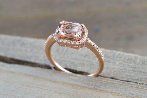 Cushion Morganite 14 Karat Rose Gold Sideways Diamond Halo Engagement ASweetPear