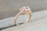 Cushion Morganite 14 Karat Rose Gold Sideways Diamond Halo Engagement Anniversary Promise Wedding Ring Band East West