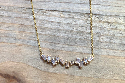 18k Yellow Gold Staggered Baguette Diamond Necklace Pendant Charm