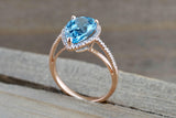 14k Rose Gold Pear Shape Blue Topaz set in a Diamond Halo Engagement Ring Love Engagement Promise 12x9mm