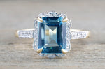 14k Yellow Gold Vintage Style Emerald Blue Topaz Diamond Halo Engagement Ring