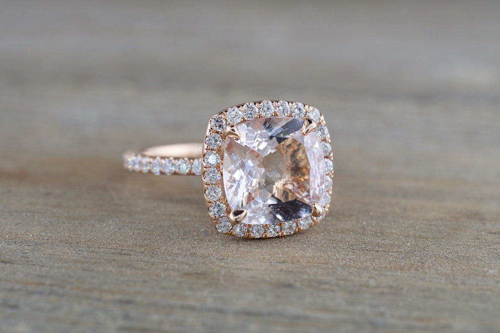 14k Rose Gold Cushion Square Cut Pink Peach Morganite Diamond Halo Rin ASweetPear