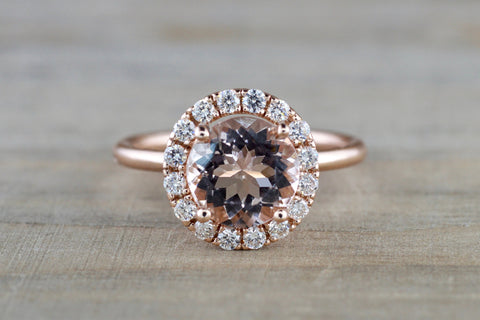 Round Diamond Halo Morganite Ring 8mm