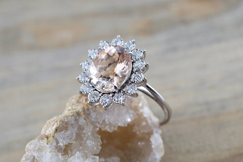 10K Rose Gold Oval Morganite & Diamond Halo Engagement Ring - Size 8, Ladies Bridal Ring With Gift Box