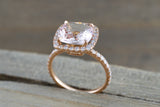 14k Rose Gold Cushion Square Cut Pink Peach Morganite Diamond Halo Ring