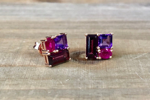 Amethyst, Ruby, Tourmaline Cluster Stud
