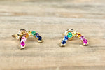 14k Yellow Gold Rainbow U Shape Multi Color Sapphire Ruby Emerald Earrings