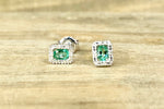 14k White Gold Diamond and Emerald Halo Earrings Rectangle