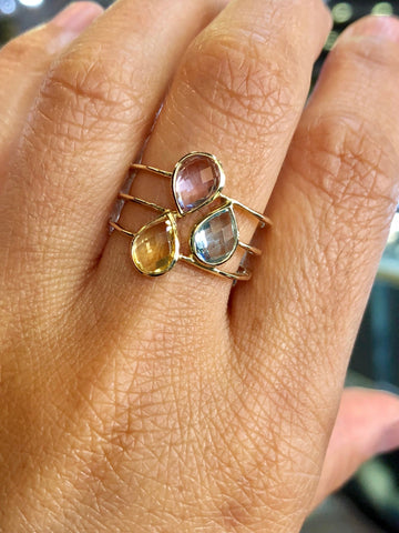 14k Yellow Gold Multi Color Pear Amethyst Topaz Ring 3 Row