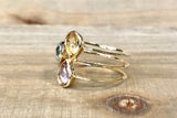 14k Yellow Gold Multi Color Pear Amethyst Topaz Ring 3 Row