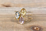 14k Yellow Gold Multi Color Pear Amethyst Topaz Ring 3 Row