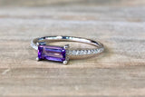 14k White Gold Emerald Shaped Amethyst and Diamond Ring Band