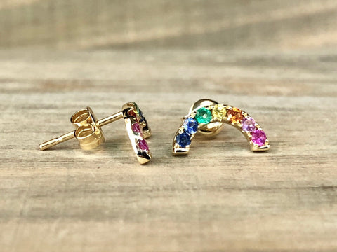 14k Yellow Gold Rainbow U Shape Multi Color Sapphire Ruby Emerald Earrings