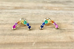 14k Yellow Gold Rainbow U Shape Multi Color Sapphire Ruby Emerald Earrings