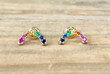 14k Yellow Gold Rainbow U Shape Multi Color Sapphire Ruby Emerald Earrings