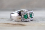 18k White Gold Oval Cut Green Natural Emerald Diamond Engagement Promise Ring Anniversary Thick Halo Ballerina Wide Large