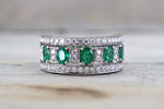18k White Gold Oval Cut Green Natural Emerald Diamond Engagement Promise Ring Anniversary Thick Halo Ballerina Wide Large