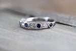 18K White Gold Vintage Classic Multi Side Face Diamond with Sapphire Ring Wedding Engagement Ring Milgrain Etching Band