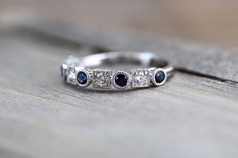 18K White Gold Vintage Classic Multi Side Face Diamond with Sapphire Ring Wedding Engagement Ring Milgrain Etching Band