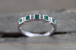 14k White Gold Square Princess Cut Emerald Gemstone Diamond Vintage Antique Classic Band Ring Style Design Art Deco Chic
