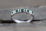 14k White Gold Square Princess Cut Emerald Gemstone Diamond Vintage Antique Classic Band Ring Style Design Art Deco Chic