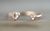 14k Solid Rose Gold Double Heart Love Diamond Ring Engagement Wedding Open Stack Band Hammered Dainty Textured Midi Adjustable Micro Pave