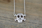 14k White Gold Skull Micro Pave Diamond 3D Dainty Pendant Charm Thin Adjustable Chain Pirate Dia de los Muertos Day of the Dead
