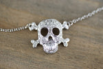 14k White Gold Skull Micro Pave Diamond 3D Dainty Pendant Charm Thin Adjustable Chain Pirate Dia de los Muertos Day of the Dead