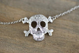 14k White Gold Skull Micro Pave Diamond 3D Dainty Pendant Charm Thin Adjustable Chain Pirate Dia de los Muertos Day of the Dead