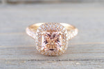 6.5mm Morganite 18k Rose Gold Pave Halo Cushion Diamond Engagement Ring Vintage