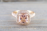 6.5mm Morganite 18k Rose Gold Pave Halo Cushion Diamond Engagement Ring Vintage