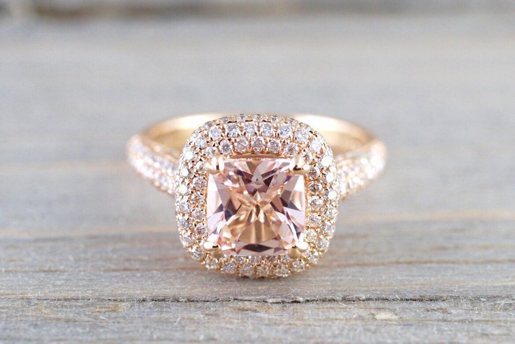 Rose Gold Peachy Pink Stone Cushion Cut Engagement Ring with Double Halo