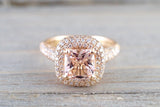 18k Rose Gold Pave Halo Cushion Morganite Peach Beige Diamond Halo Engagement Ring Vintage
