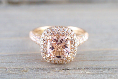 18k Rose Gold Pave Halo Cushion Morganite Peach Beige Diamond Halo Engagement Ring Vintage